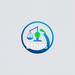 A modern and sleek logo representing the concept of ethics, featuring symbols like a balance scale and a light bulb to signify morality and enlightenment