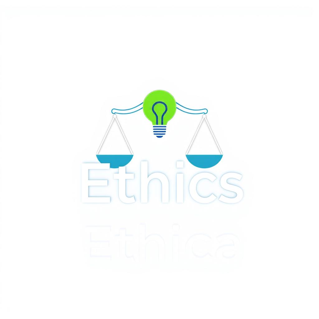 A modern and sleek logo representing the concept of ethics, featuring symbols like a balance scale and a light bulb to signify morality and enlightenment