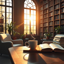 A cozy scene depicting a steaming cup of coffee placed on a wooden table by a large library window
