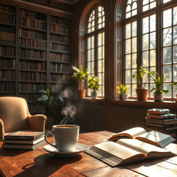A cozy scene depicting a steaming cup of coffee placed on a wooden table by a large library window