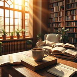 A cozy scene depicting a steaming cup of coffee placed on a wooden table by a large library window