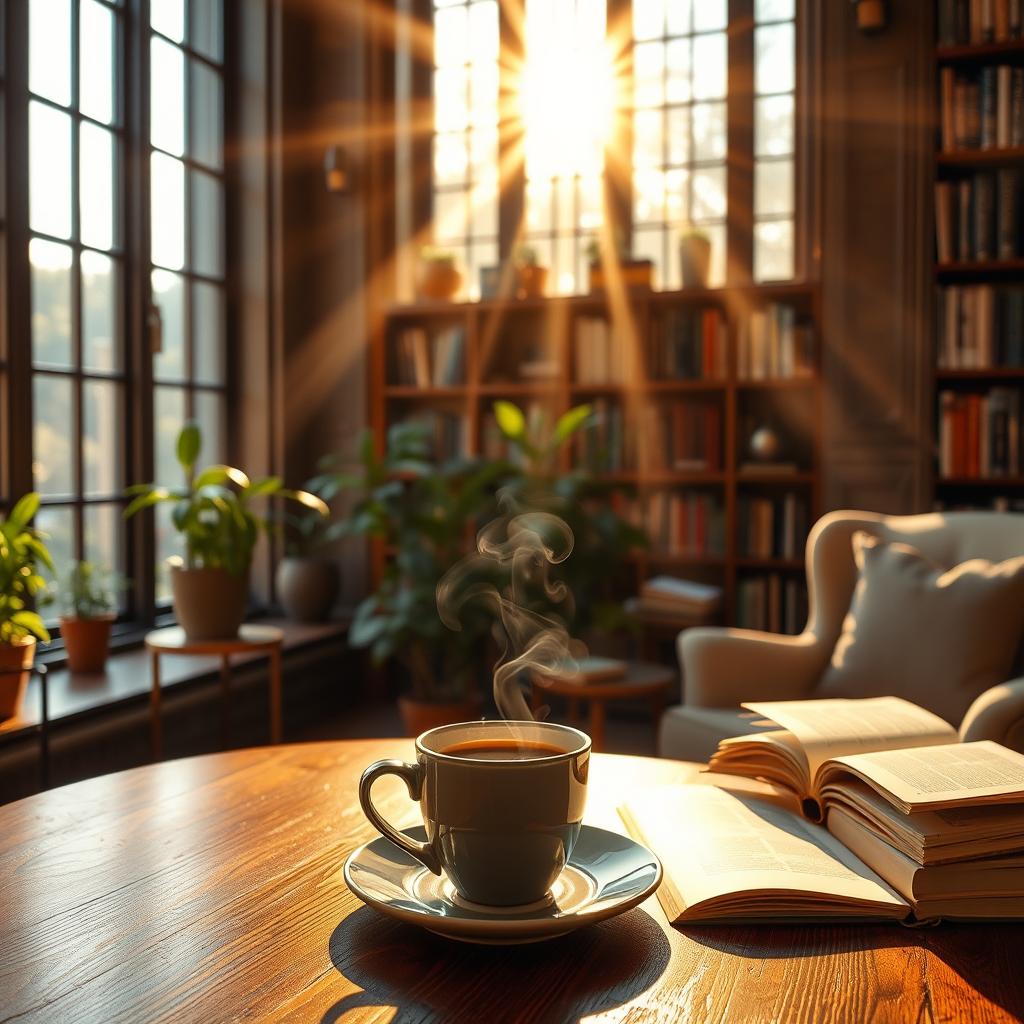 A cozy scene depicting a steaming cup of coffee placed on a wooden table by a large library window