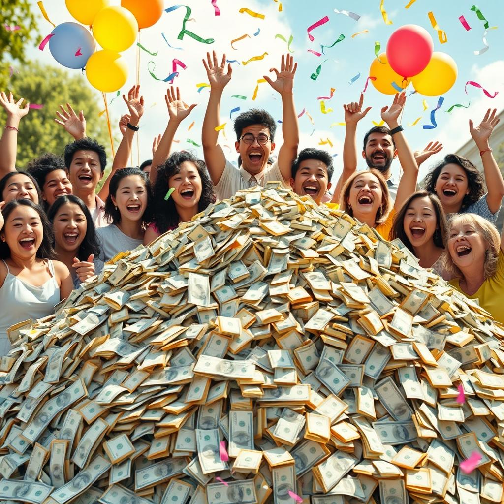 A vibrant scene depicting a large pile of money, overflowing with cash, surrounded by joyful people celebrating