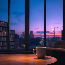 A serene twilight scene featuring a cup of coffee resting on a wooden table by a library window