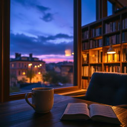 A serene twilight scene featuring a cup of coffee resting on a wooden table by a library window