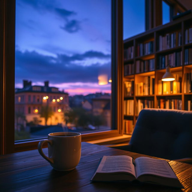 A serene twilight scene featuring a cup of coffee resting on a wooden table by a library window