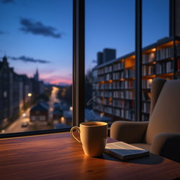 A serene twilight scene featuring a cup of coffee resting on a wooden table by a library window