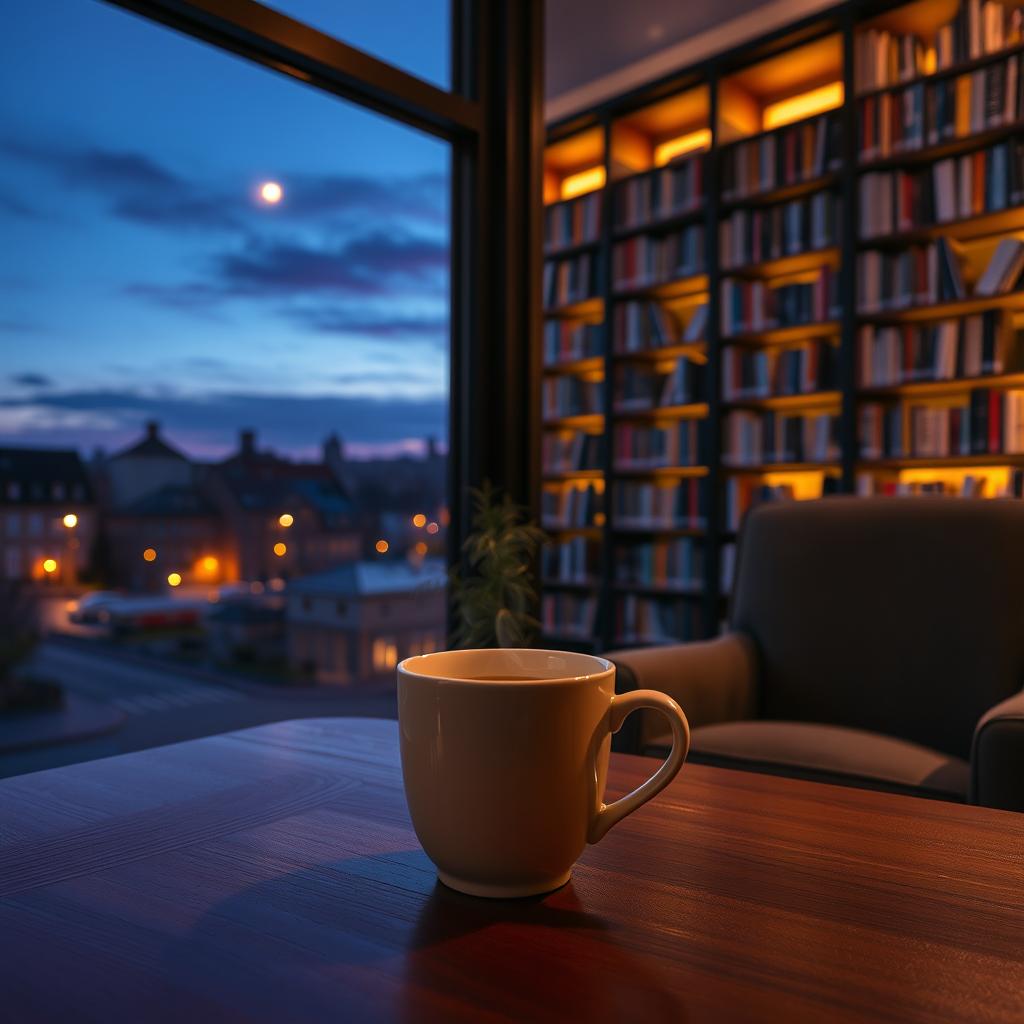 A serene twilight scene featuring a cup of coffee resting on a wooden table by a library window
