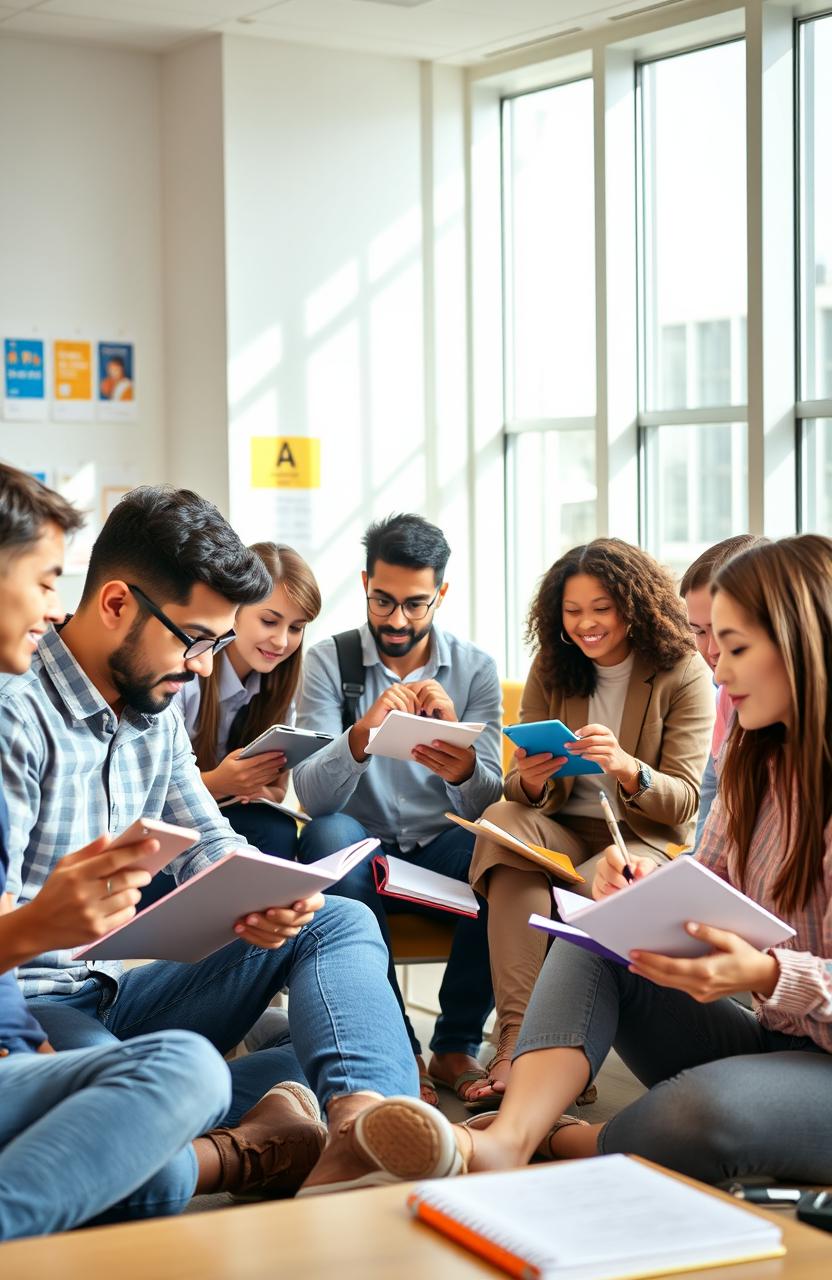 An educational scene depicting a diverse group of university students engaged in self-regulated learning strategies