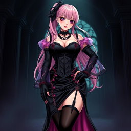A sexy gothic anime villain dominatrix girl with a subtle smile and a hint of blush, featuring long pink hair styled in one ponytail with a black hairpiece