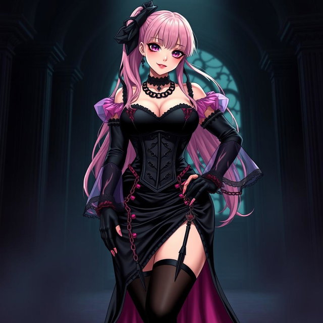 A sexy gothic anime villain dominatrix girl with a subtle smile and a hint of blush, featuring long pink hair styled in one ponytail with a black hairpiece