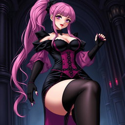 A sexy gothic anime villain dominatrix girl with a subtle smile and a hint of blush, featuring long pink hair styled in one ponytail with a black hairpiece