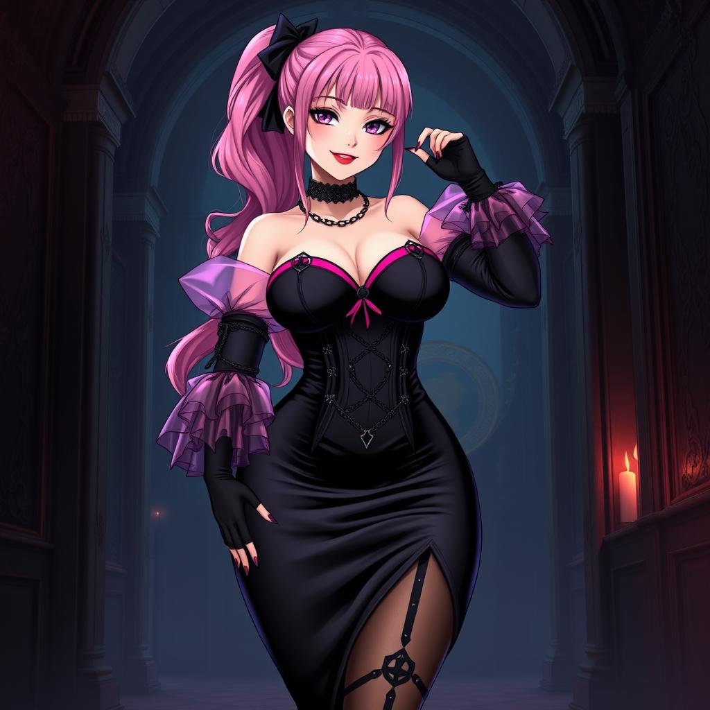 A sexy gothic anime villain dominatrix girl with a subtle smile and a hint of blush, featuring long pink hair styled in one ponytail with a black hairpiece