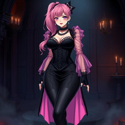 A sexy gothic anime villain dominatrix girl with a subtle smile and a hint of blush, featuring long pink hair styled in one ponytail with a black hairpiece
