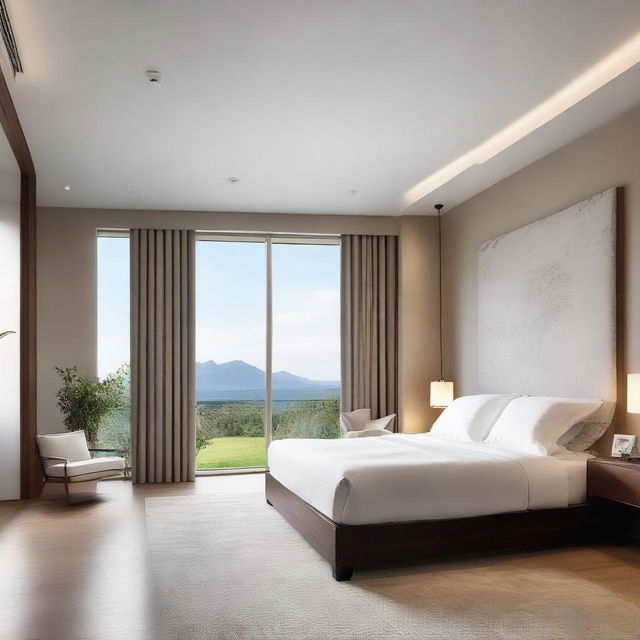 A beautifully designed, spacious bedroom with a large window showcasing a serene view. Add polished glass accents for a touch of modern elegance.