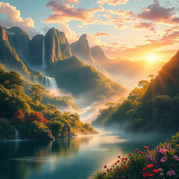 A stunning, visually striking illustration of 'Paraíso da Perdição', featuring an ethereal landscape with sweeping mountains and lush greenery