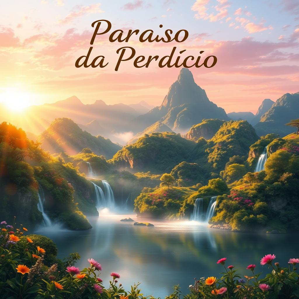 A stunning, visually striking illustration of 'Paraíso da Perdição', featuring an ethereal landscape with sweeping mountains and lush greenery