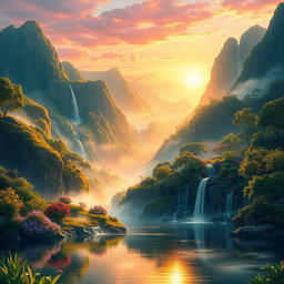 A stunning, visually striking illustration of 'Paraíso da Perdição', featuring an ethereal landscape with sweeping mountains and lush greenery