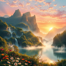 A stunning, visually striking illustration of 'Paraíso da Perdição', featuring an ethereal landscape with sweeping mountains and lush greenery