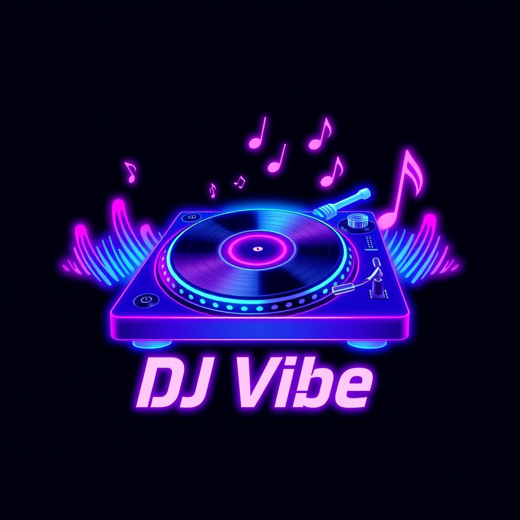 A modern and stylish DJ logo featuring a turntable incorporated with vibrant sound waves and musical notes, in a dynamic color scheme of neon blues, pinks, and purples