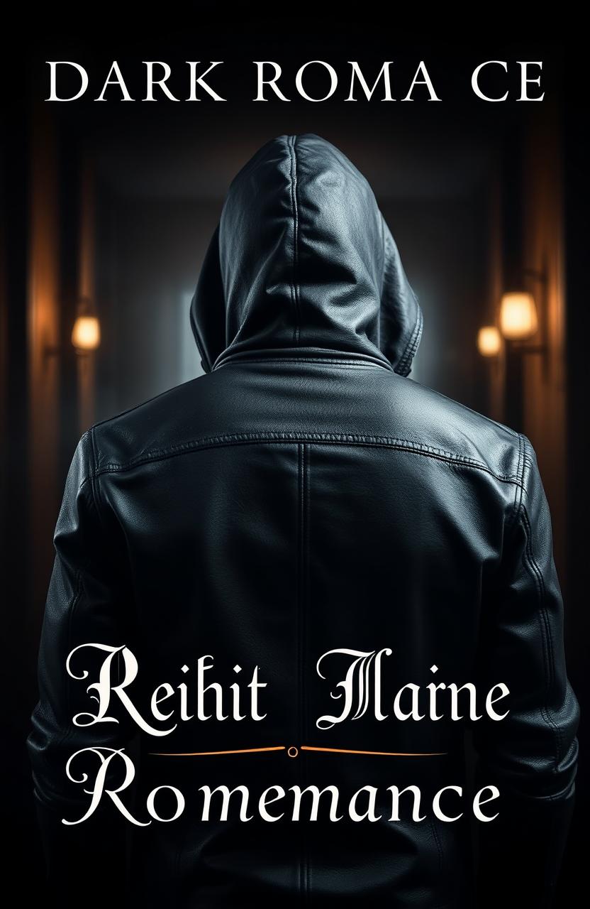 A book cover for a dark romance novel featuring a mysterious man in a leather jacket and hood, seen from behind in a close-up shot