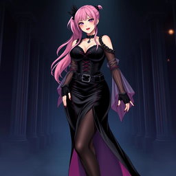 A sexy gothic anime villain dominatrix girl with a subtle smile and a soft blush on her cheeks