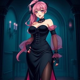 A sexy gothic anime villain dominatrix girl with a subtle smile and a soft blush on her cheeks