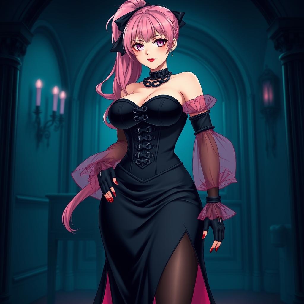 A sexy gothic anime villain dominatrix girl with a subtle smile and a soft blush on her cheeks