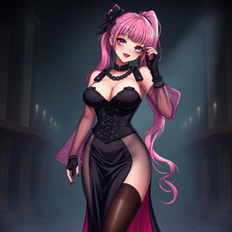 A sexy gothic anime villain dominatrix girl with a subtle smile and a soft blush on her cheeks