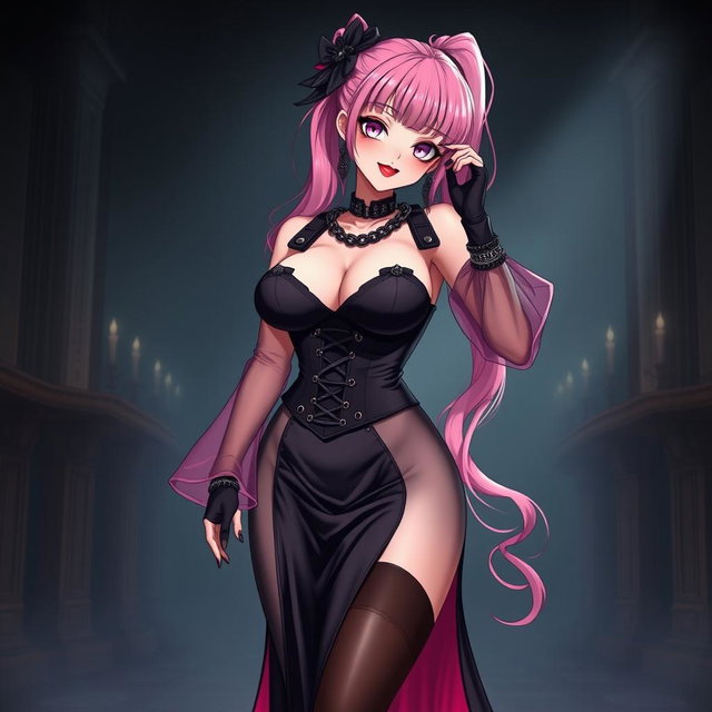 A sexy gothic anime villain dominatrix girl with a subtle smile and a soft blush on her cheeks