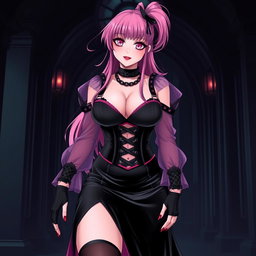 A sexy gothic anime villain dominatrix girl with a subtle smile and a soft blush on her cheeks