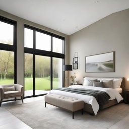 A beautifully designed, spacious bedroom with a large window showcasing a serene view. Add polished glass accents for a touch of modern elegance.