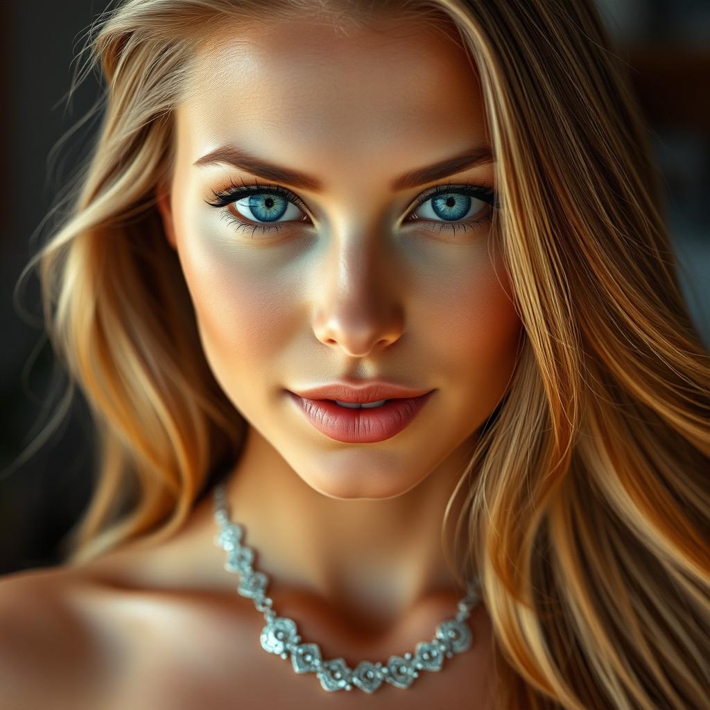 A stunning close-up portrait of a beautiful woman with long, flowing golden hair, sparkling blue eyes that captivate the viewer, and perfectly sculpted features