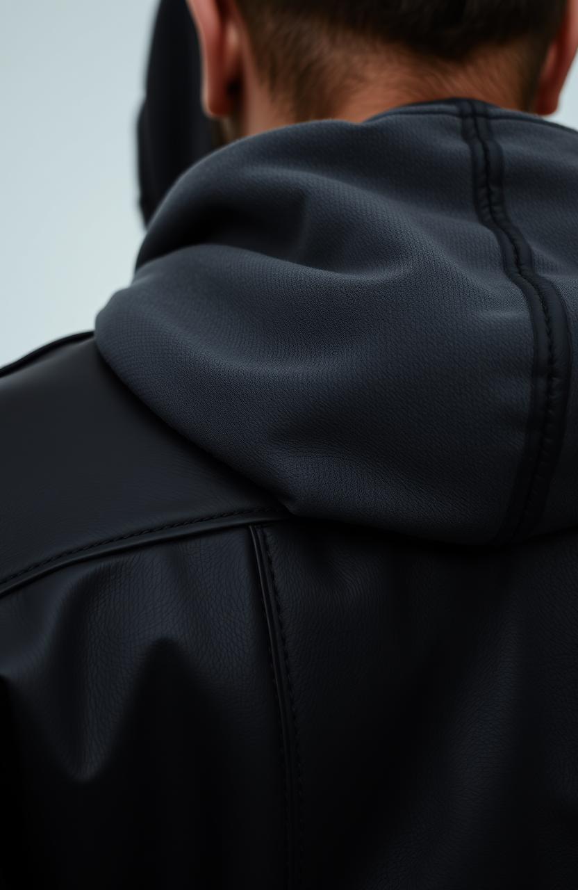 A close-up view of a man wearing a black leather jacket and a hooded sweatshirt, facing away from the camera