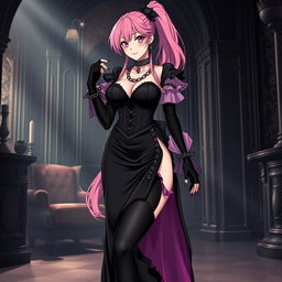 A sexy gothic anime villain dominatrix girl with a subtle smile and a blush on her cheeks, featuring long pink hair styled into one ponytail adorned with a black hairpiece