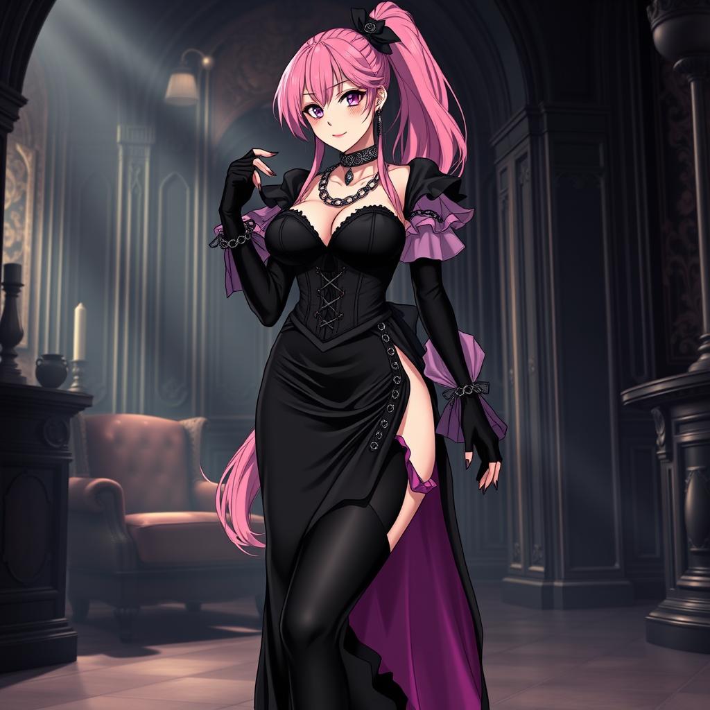 A sexy gothic anime villain dominatrix girl with a subtle smile and a blush on her cheeks, featuring long pink hair styled into one ponytail adorned with a black hairpiece