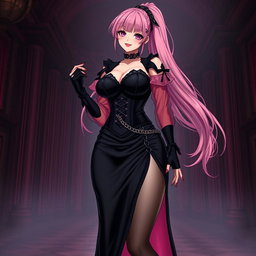 A sexy gothic anime villain dominatrix girl with a subtle smile and a blush on her cheeks, featuring long pink hair styled into one ponytail adorned with a black hairpiece