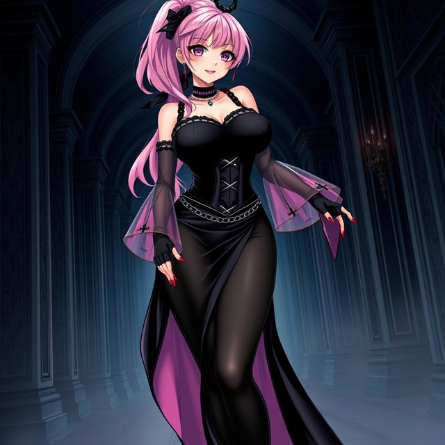 A sexy gothic anime villain dominatrix girl with a subtle smile and a blush on her cheeks, featuring long pink hair styled into one ponytail adorned with a black hairpiece