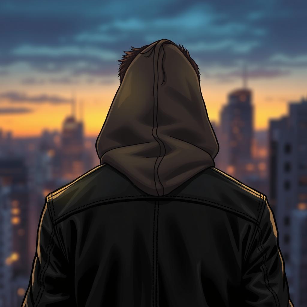 A book cover illustration featuring a man wearing a black leather jacket with a hood, facing away from the viewer
