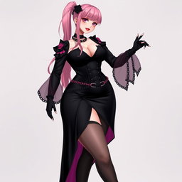 A sexy gothic anime villain dominatrix girl with a subtle smile and a light blush, featuring long pink hair styled in a single ponytail adorned with a black hairpiece