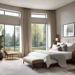 A beautifully designed, spacious bedroom with a large window showcasing a serene view. Add polished glass accents for a touch of modern elegance.