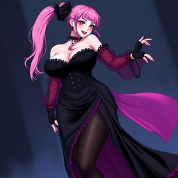 A sexy gothic anime villain dominatrix girl with a subtle smile and a light blush, featuring long pink hair styled in a single ponytail adorned with a black hairpiece
