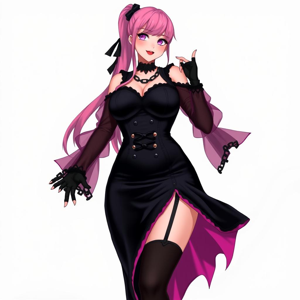 A sexy gothic anime villain dominatrix girl with a subtle smile and a light blush, featuring long pink hair styled in a single ponytail adorned with a black hairpiece