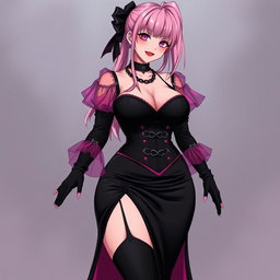 A sexy gothic anime villain dominatrix girl with a subtle smile and a light blush, featuring long pink hair styled in a single ponytail adorned with a black hairpiece