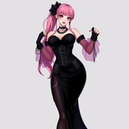 A sexy gothic anime villain dominatrix girl with a subtle smile and a hint of blush on her cheeks