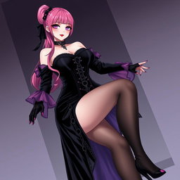 A sexy gothic anime villain dominatrix girl with a subtle smile and a hint of blush on her cheeks
