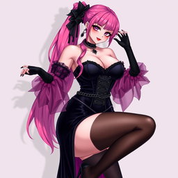 A sexy gothic anime villain dominatrix girl with a subtle smile and a hint of blush on her cheeks