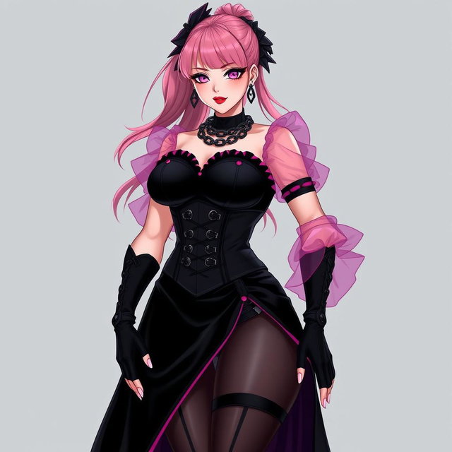 A sexy gothic anime villain dominatrix girl with a subtle smile and a hint of blush on her cheeks