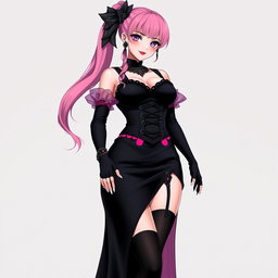 A sexy gothic anime villain dominatrix girl with a subtle smile and a touch of blush on her cheeks, showcasing long pink hair styled in a single ponytail, accented by a striking black hairpiece