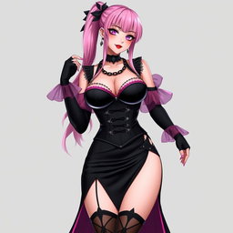 A sexy gothic anime villain dominatrix girl with a subtle smile and a touch of blush on her cheeks, showcasing long pink hair styled in a single ponytail, accented by a striking black hairpiece